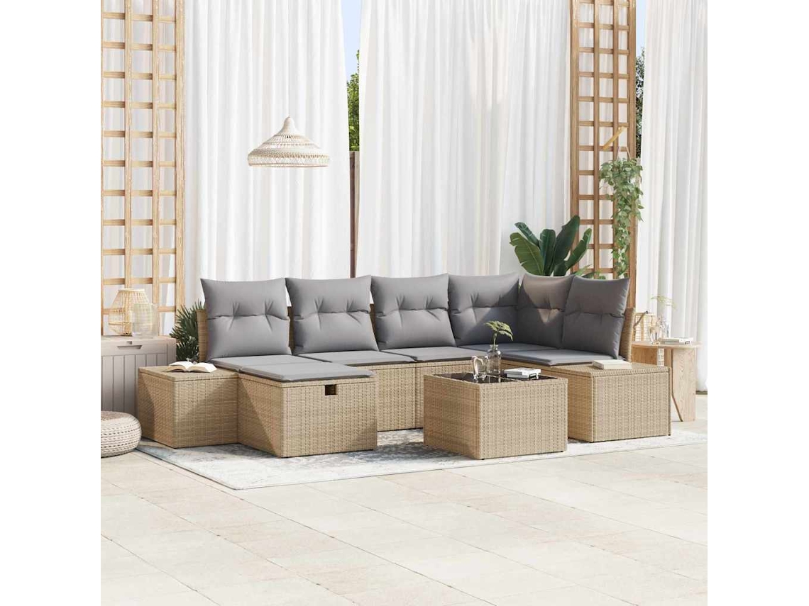 Vidaxl Conjunto De Sofá De Jardim 7 Unid. Bege Vime Pe