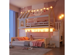 Beliche 90x200cm+140x200cm - Com Led, Design De Casa Com Janela, Prateleiras Abertas, Escada De Armazenamento, Sem Colchão - Branco+natural