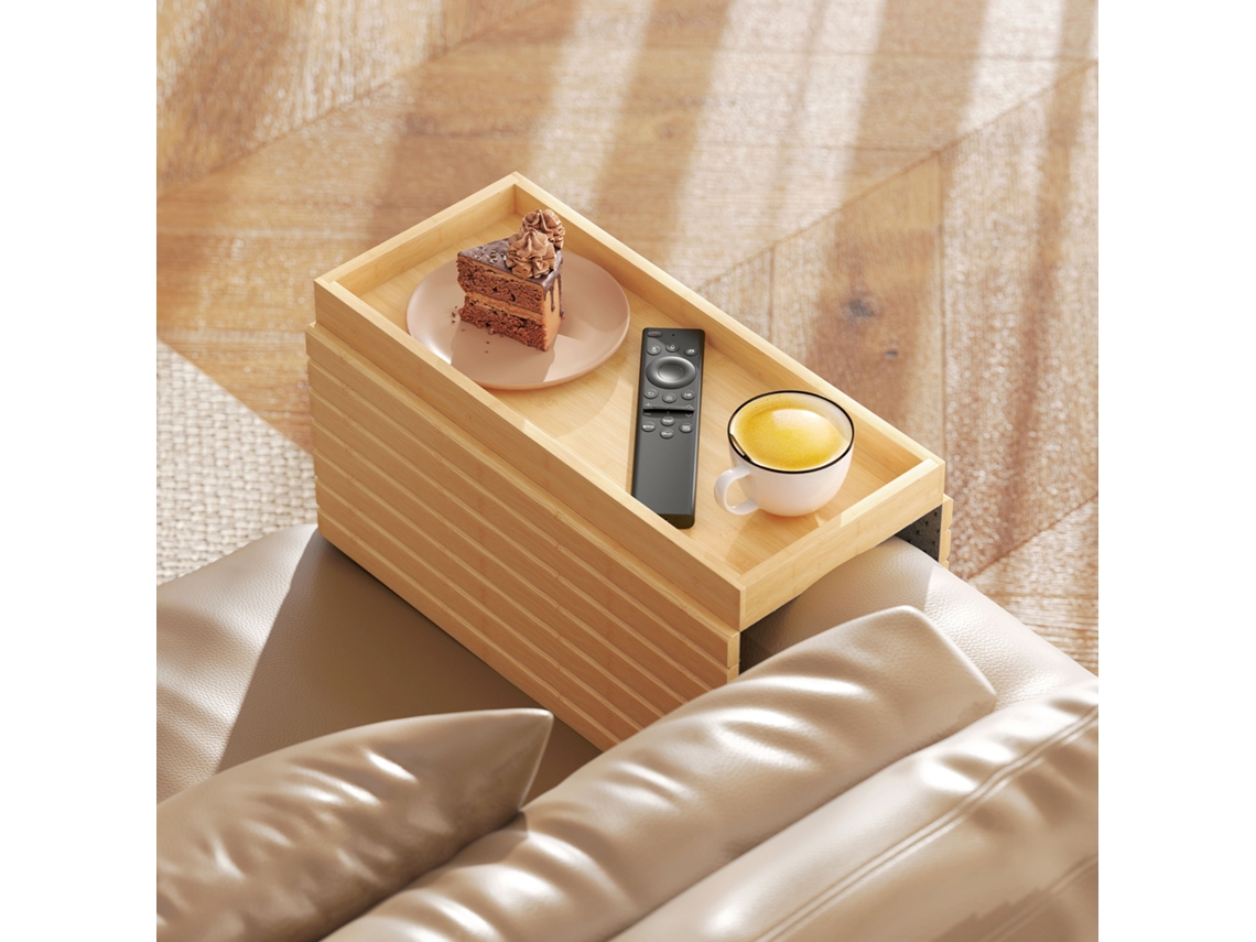 Bandeja Dobrável E Flexível De Bambu Para Braço De Sofá Com Base Antiderrapante, Ideal Para Lanches, Celulares E Bebidas.