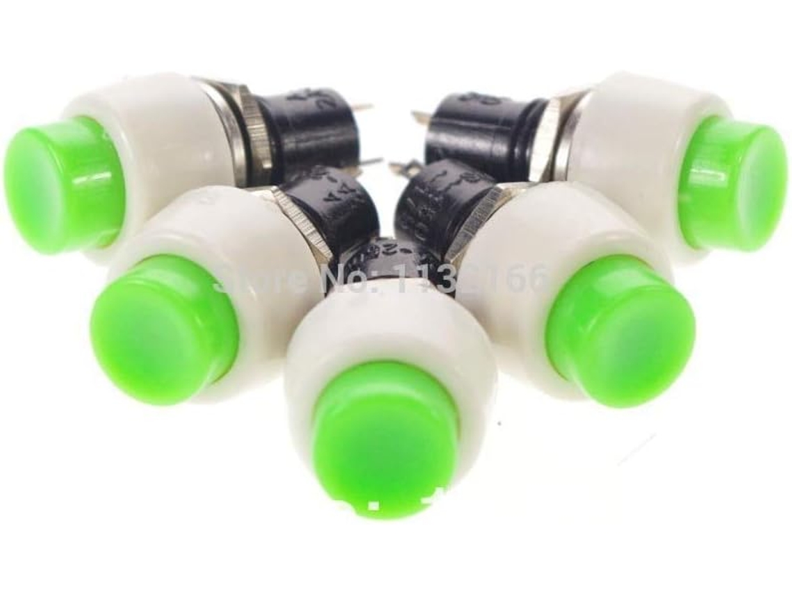Interruptor De Botão Pressão Spst 2 Pinos, 10mm, Com Furo Verde, Desligado, 2a, 125vca, Na Normalmente Aberto