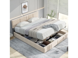 Cama Solteiro Bege 140x190cm Estofada, Veludo, Cabeceira Ajustável, Ripas. -op
