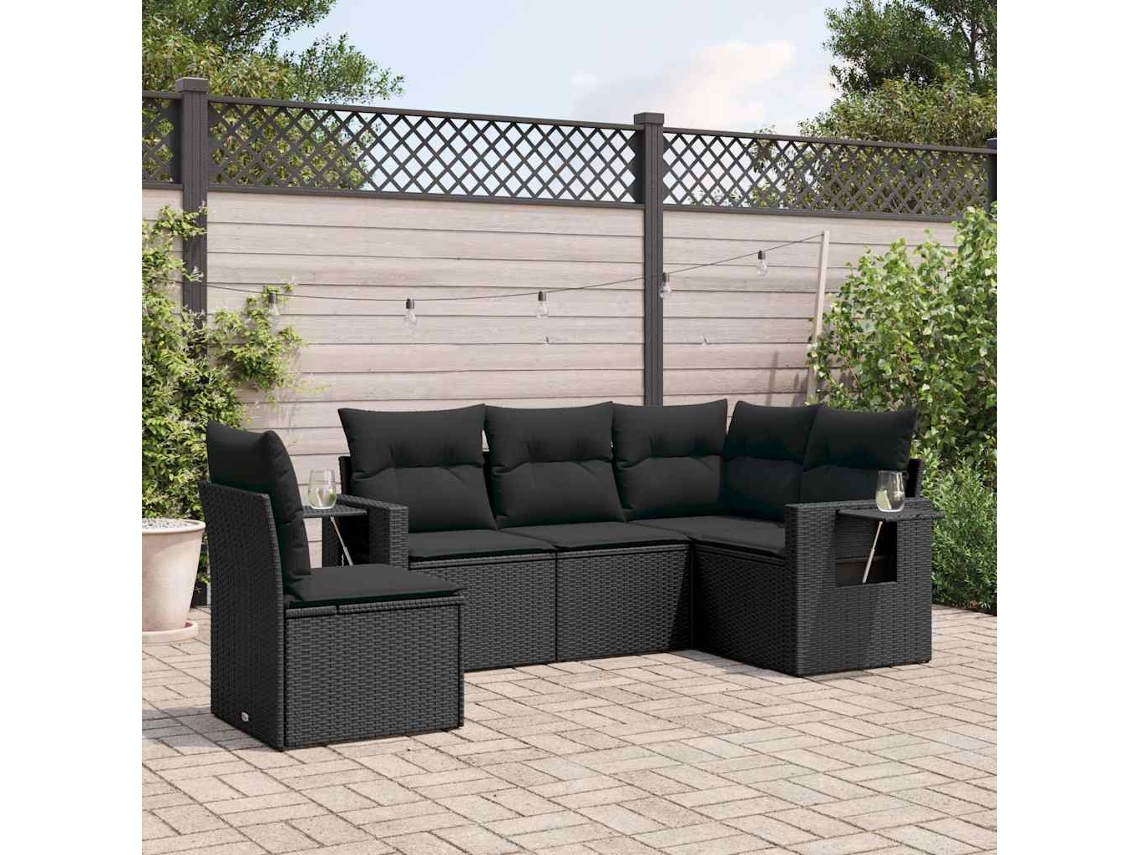 Vidaxl 5 Pcs Conjunto Sofás De Jardim Com Almofadões Vime Pe Preto