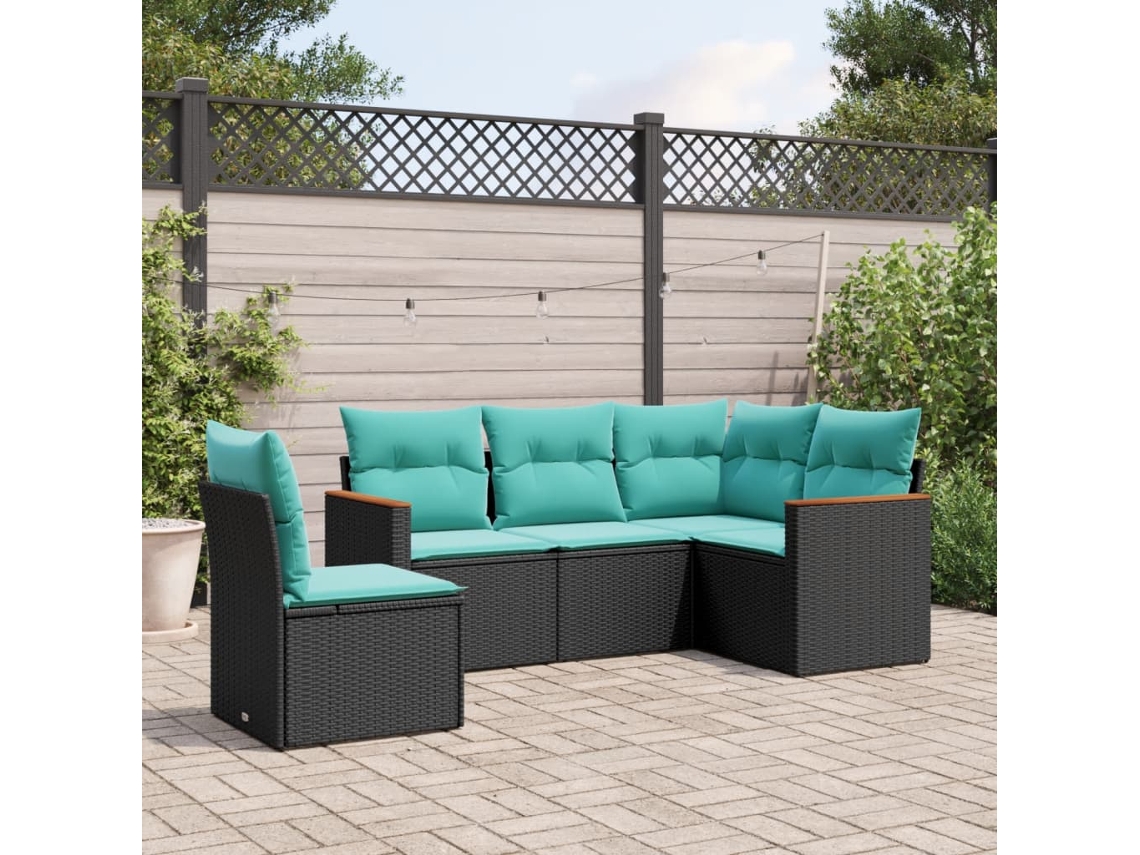Vidaxl Conjunto De Sofá De Jardim De 5 Peças Com Almofadas Em Rattan Sintético Preto