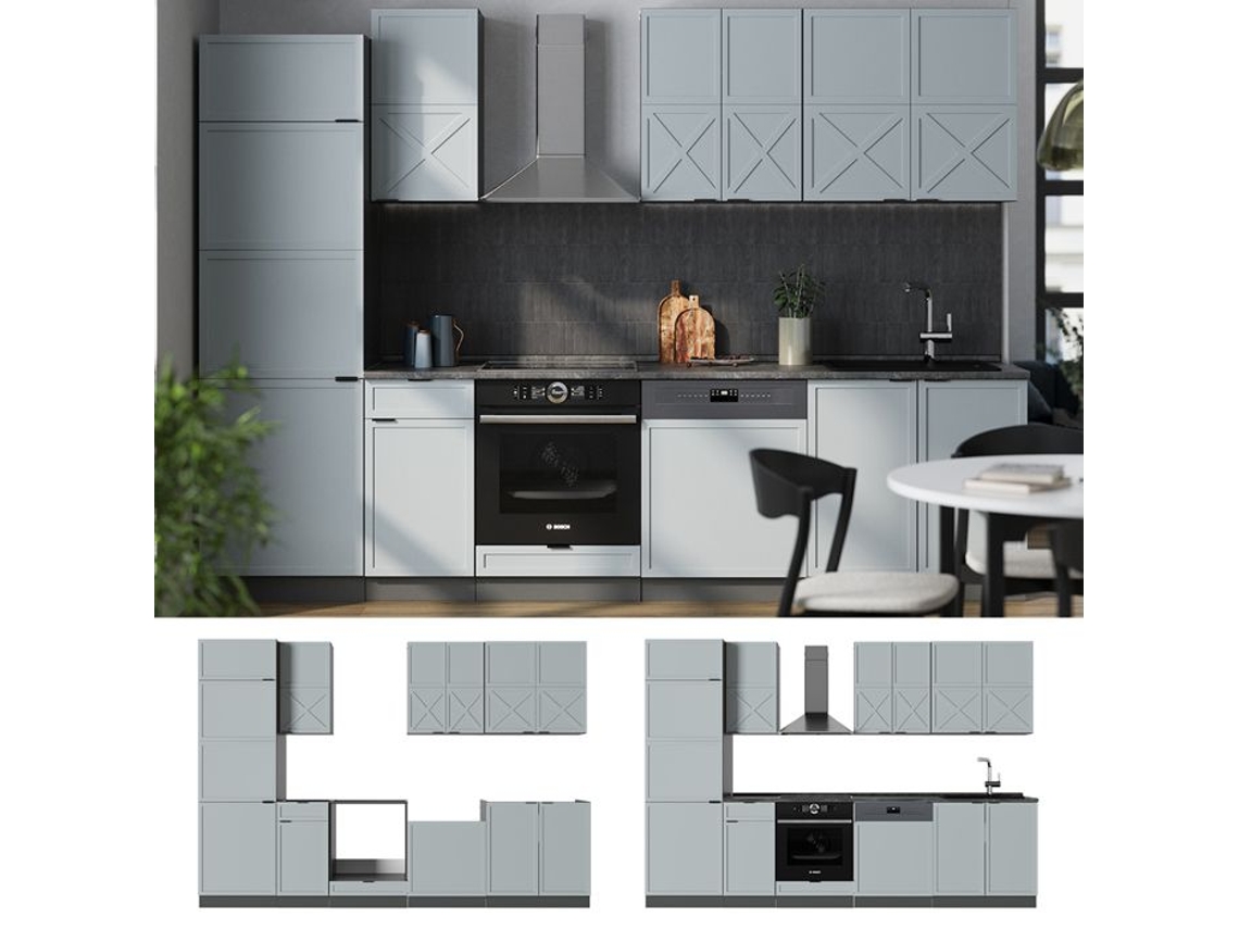 Cozinha Fame Line, 300cm Sem Pt, Azul Claro Cinza/antracite, Antracite, Vicco