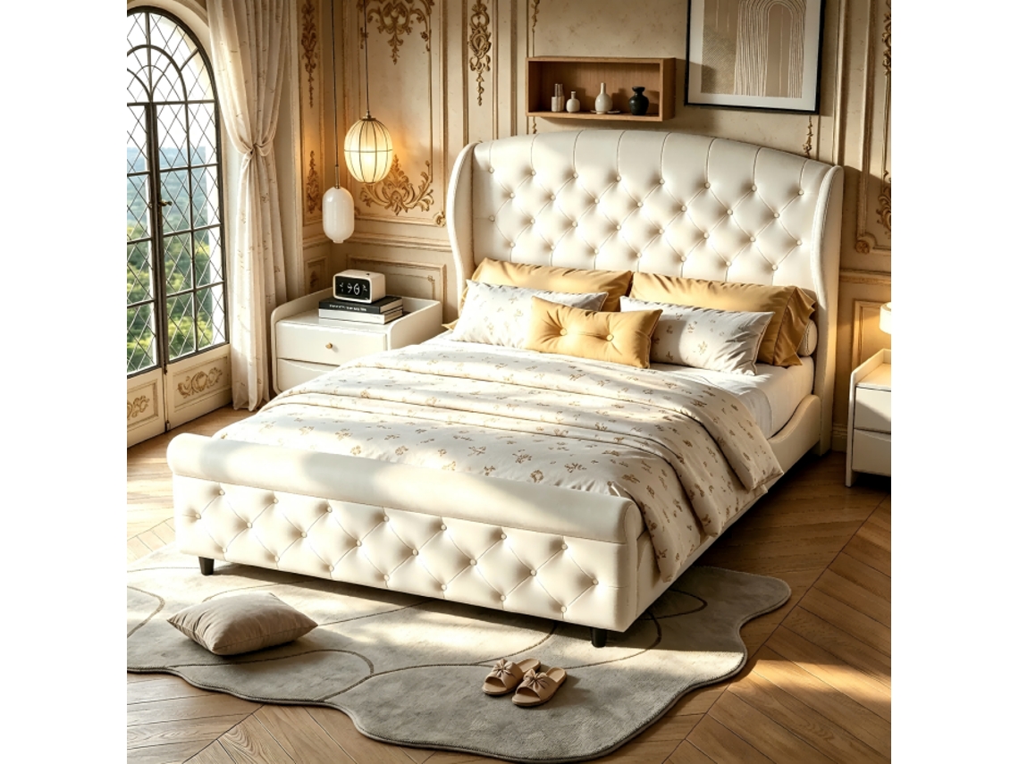 Cama 140x200, Cama de Casal, para Adultos, 2 Pessoas, Cama Estofada com Cabeceira, Veludo, Bege, Colchão Não Incluído, Mdf SIMURQ