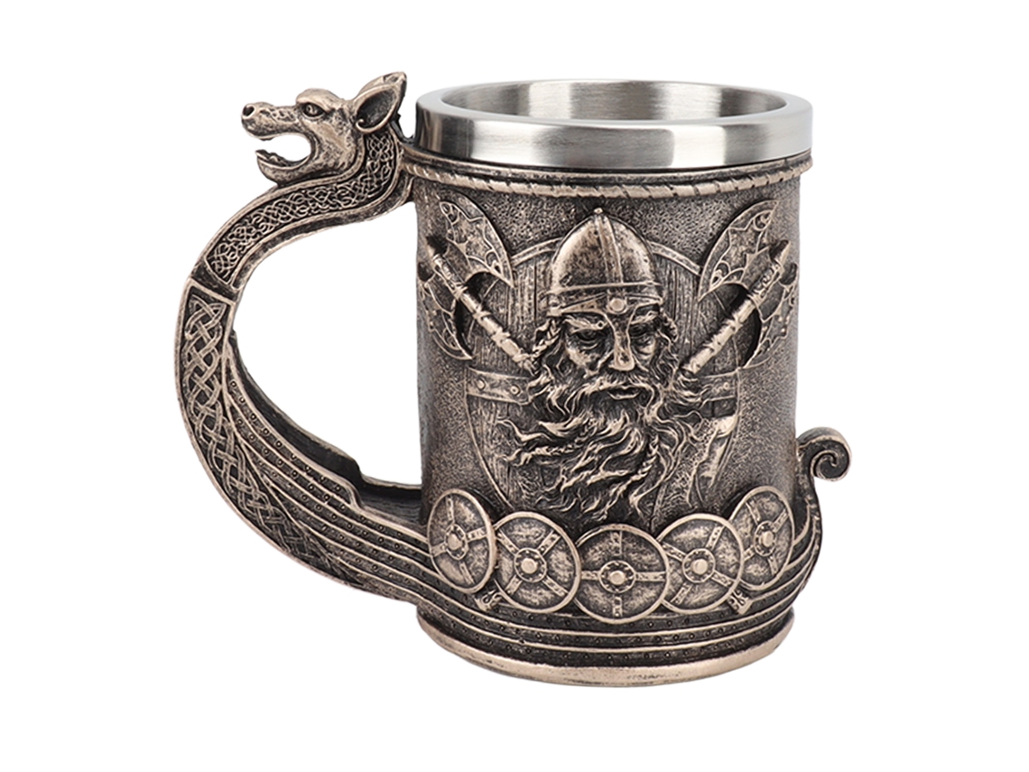 Caneca de Cerveja Viking Vintage de Grande Capacidade com Revestimento em Aço Inoxidável e Ornamento em Resina para e Café AQUAFORGE