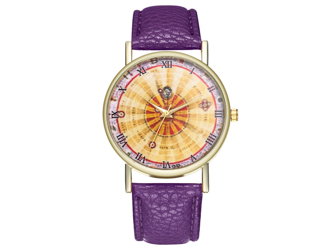 Relógio de quartzo unissex com pulseira de couro PU, mostrador com algarismos romanos, roxo, Zhoulianfa