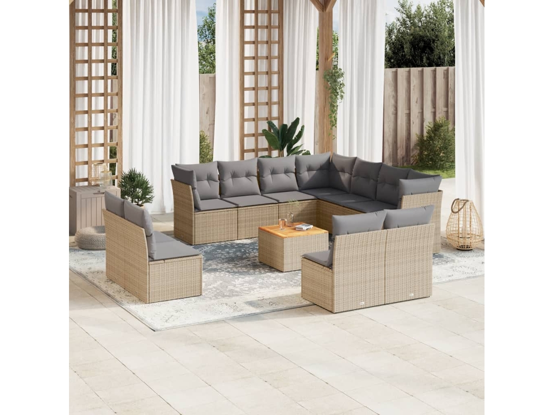 Vidaxl 12 Pcs Conjunto De Sofás P/ Jardim Com Almofadões Vime Pe Bege