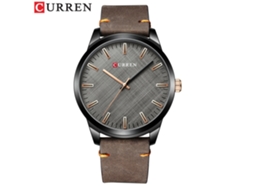 Relógio Masculino Elegante e Moderno com Mostrador Texturizado em Tecido, Movimento de Quartzo e Pulseira de Couro, na Cor Marrom Escuro. MDUG