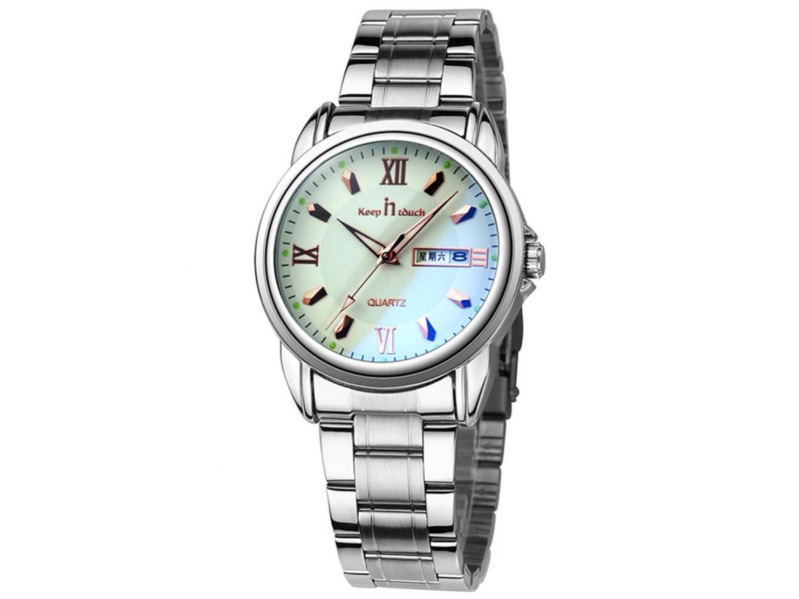 Relógio de pulso elegante para negócios, com mecanismo de quartzo, pulseira em aço dourado e visor branco.