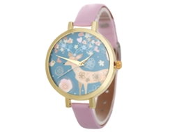 Relógio de Pulso Feminino de Moda com Pulseira Pu, Mostrador Redondo, Quartzo, Rosa