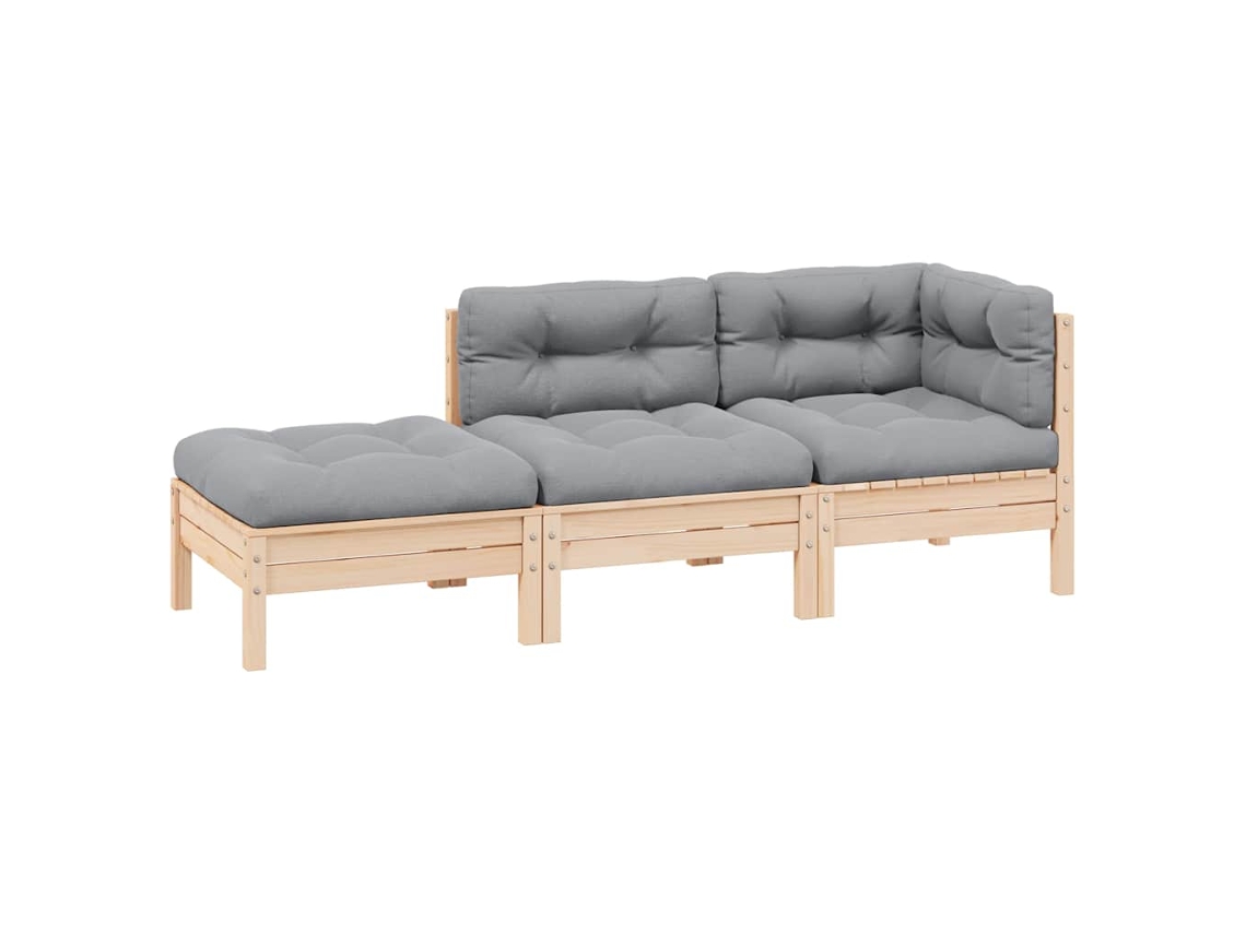 Vidaxl 3 Pcs Conj. Lounge Jardim C/ Almofadões Cinzentos Pinho Maciço