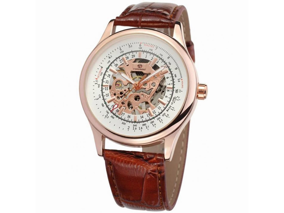 Relógio mecânico automático Forsining com pulseira de couro PU, resistente à água (mostrador branco, caixa em ouro rosa)