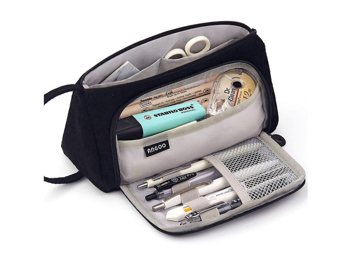 Estojo de lápis de lona de grande capacidade 2026 para estudantes e viagens, com bolso frontal e zíperes laterais e superior.