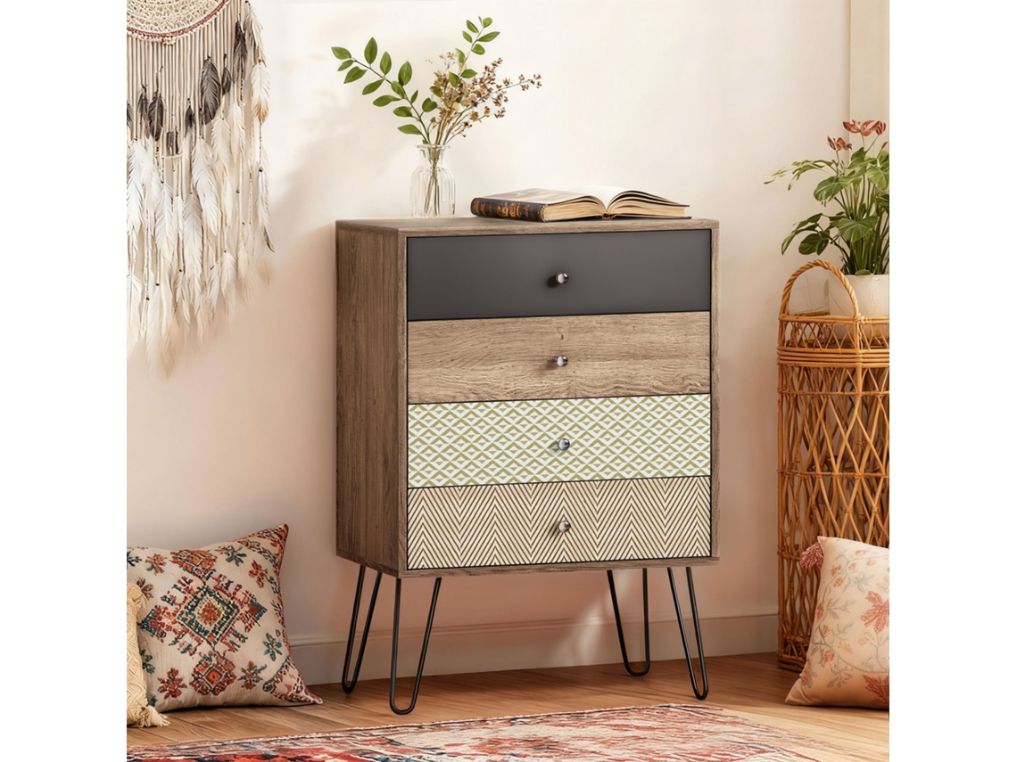Cómoda Boémia 4 Gavetas Pernas Aço Forma V Quarto Sala 60x39x86 Cm Multicor