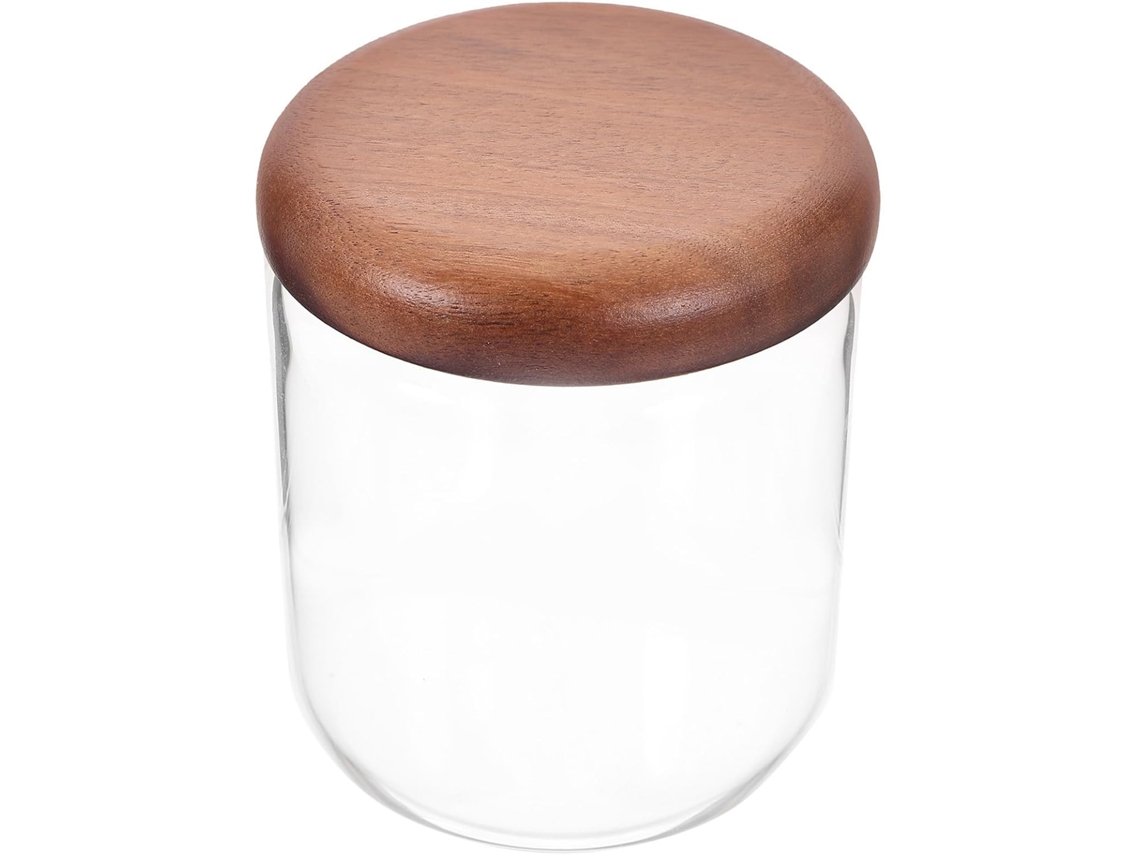 Pote De Vidro Redondo 600ml Com Tampa Madeira, Recipiente Hermético Para Café E Açúcar, Ideal Para Armazenamento Na