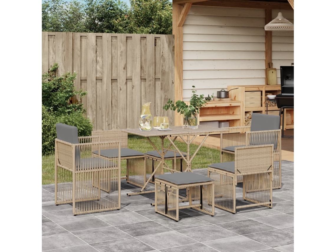 Vidaxl 7 Pcs Conjunto De Jantar P/ Jardim Com Almofadões Vime Pe Bege