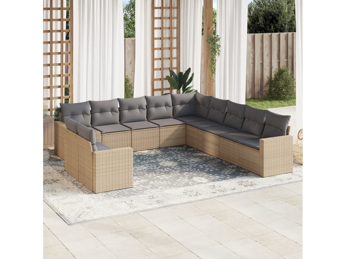 Vidaxl 11 Pcs Conjunto Sofás De Jardim C/ Almofadões Vime Pe Bege