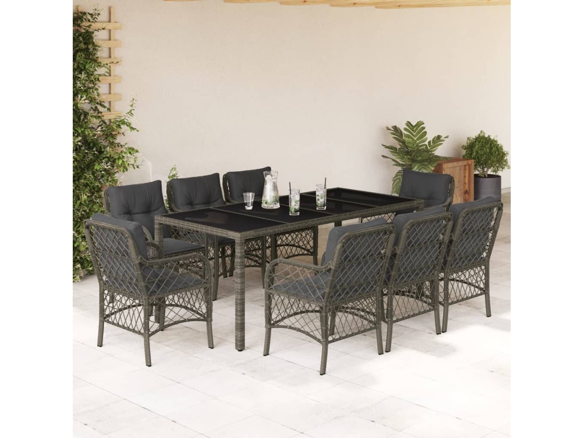 Vidaxl 9 Pcs Conjunto De Jantar P/ Jardim C/ Almofadões Vime Pe Cinza