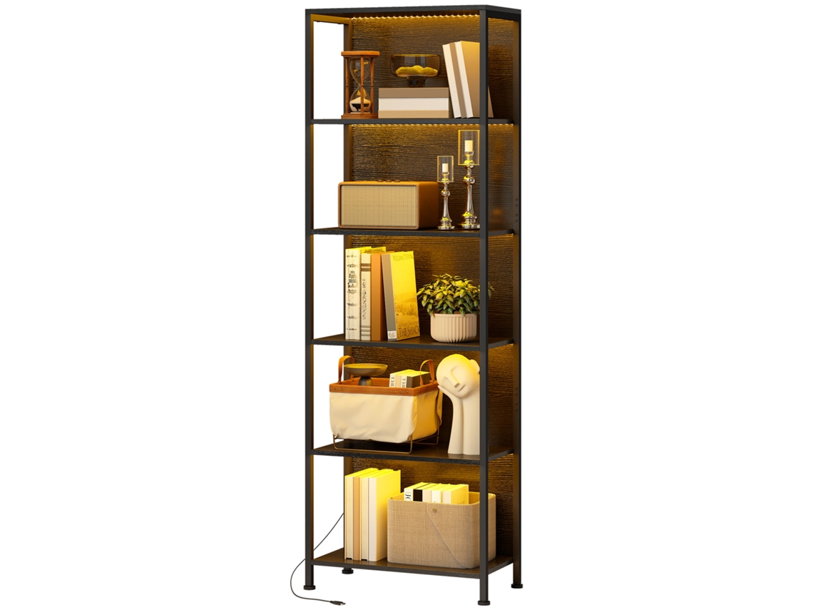 Prateleira Estilo Industrial Com 5 Prateleiras E Iluminação Led, Metal E Madeira Preta, 60x30x179 Centímetros