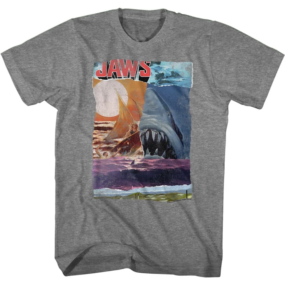 Rockinstone Jaws Movie Ski Shark Collage Heather Graphite Adult T-shirt Size:l