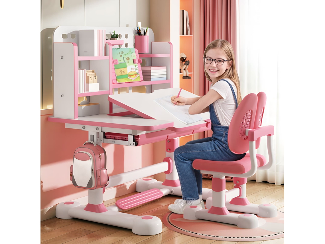 Escrivaninha Infantil Com Cadeira, Altura Ajustável, Mesa Inclinável 0‑50°, Mdf E Metal, Grande Espaço De Escrita E Armazenamento, Ergonómica, Rosa