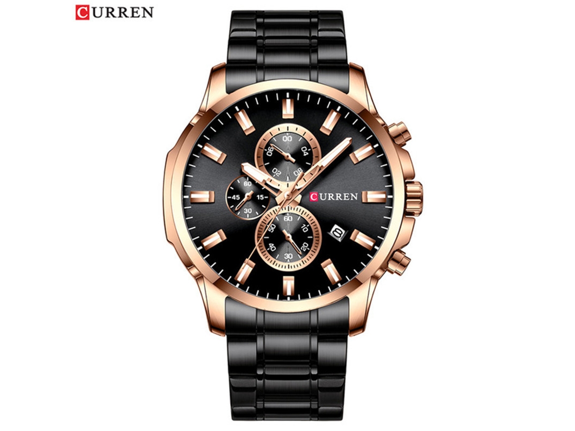 Relógio Masculino MDUG moderno, à prova D'água, multifuncional, seis Ponteiros, pulseira de Aço, preto e Dourado