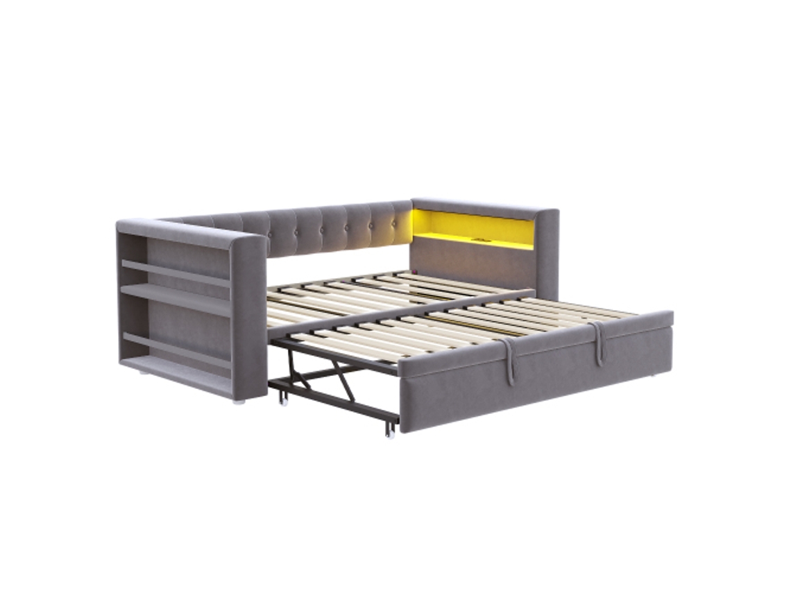 Cama Estofada De 90/180 × 190 Cm, Com Iluminação Led, Tomadas E Amplo Espaço De Armazenamentocama Estofada, Sofá-cama Multifuncional,cinza Escuro