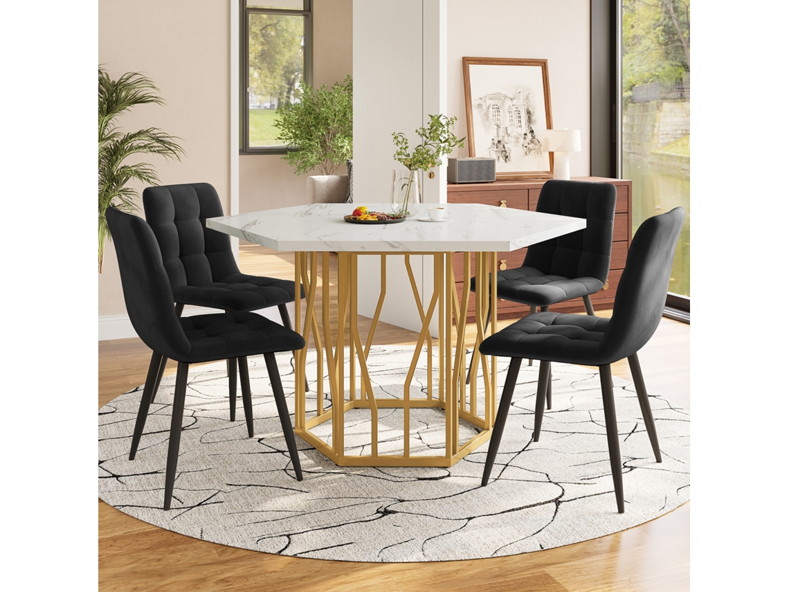 Conjunto De Mesa De Jantar Hexagonal Efeito Mármore E 4 Cadeiras Em Veludo Preto Com Pernas Douradas