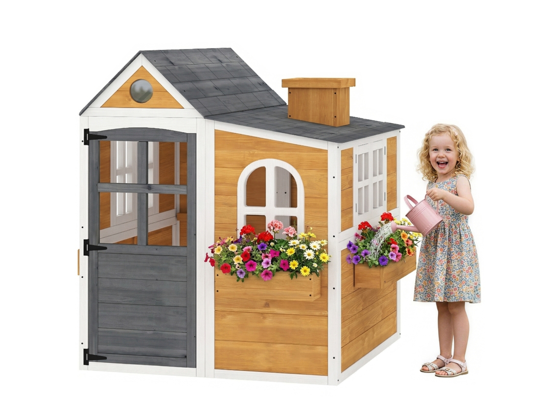 Casa Madeira Crianças Com Porta, Janelas E 3 Vasos Flores, Amarela