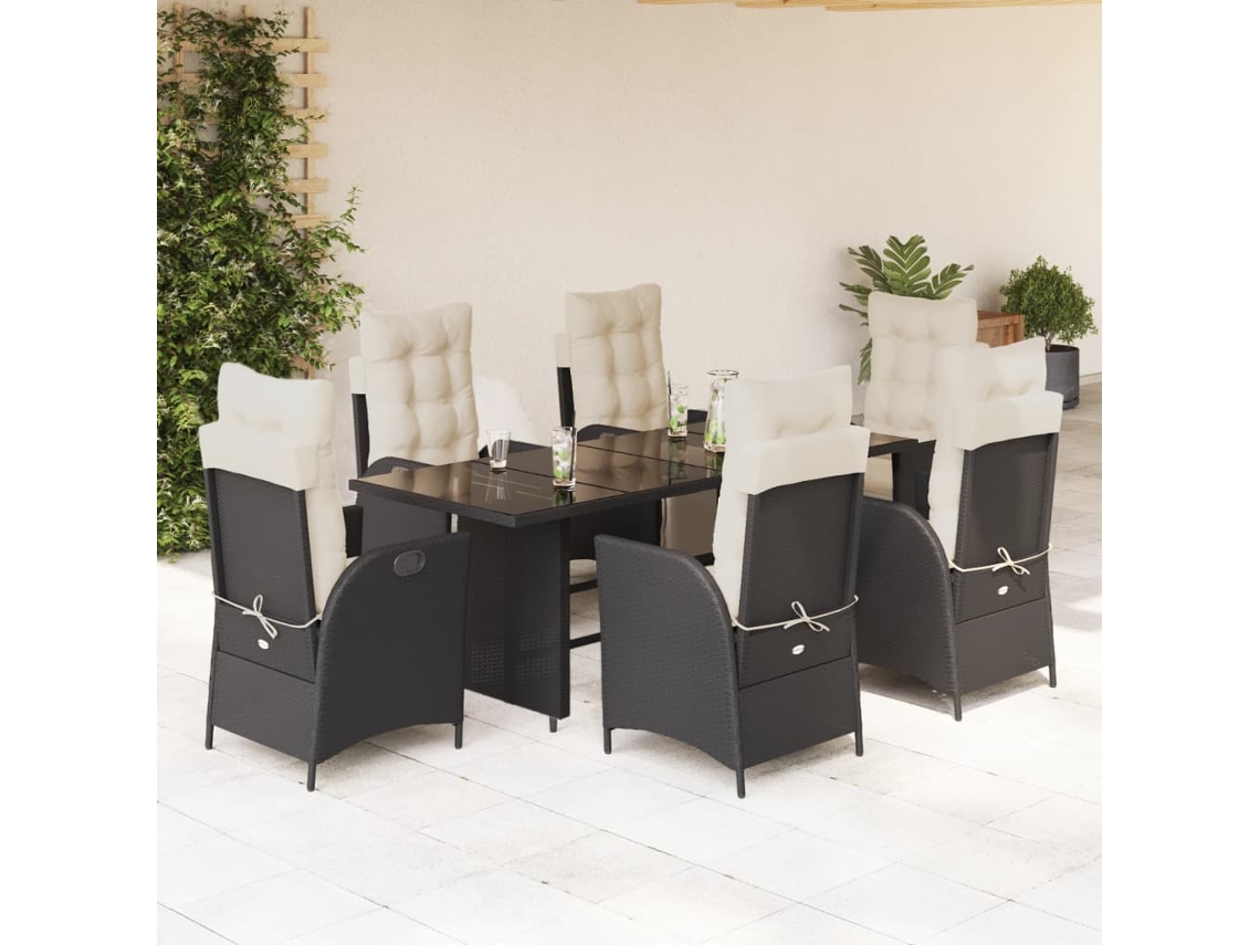 Vidaxl 7 Pcs Conjunto De Jantar P/ Jardim C/ Almofadões Vime Pe Preto
