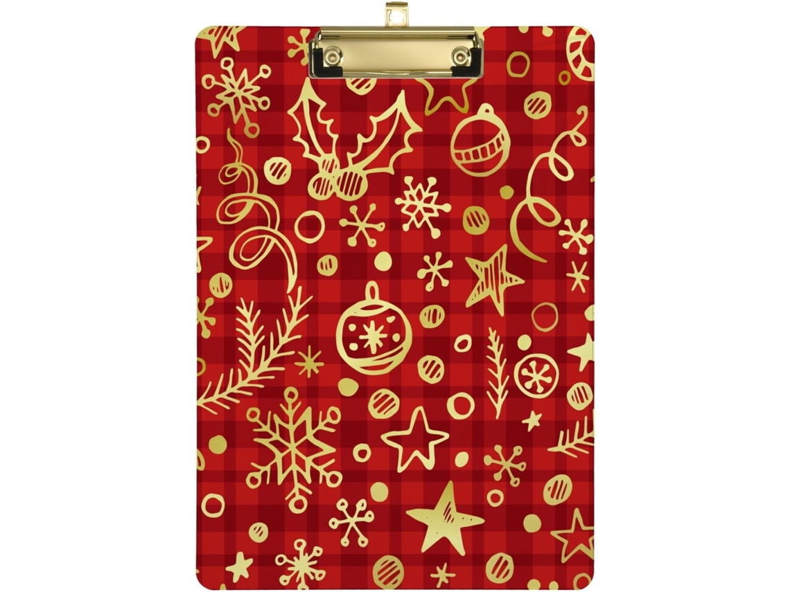Prancheta Infantil com Estampa Natalina em Xadrez Vermelho e Dourado, Transparente. 31,8 X 22,9 0,3 Cm