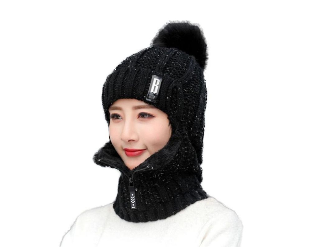 2026 gorro de Lana Tejido para Mulher com Abertura para Orelhas, Zíper e Gola Suave Quente para Exterior