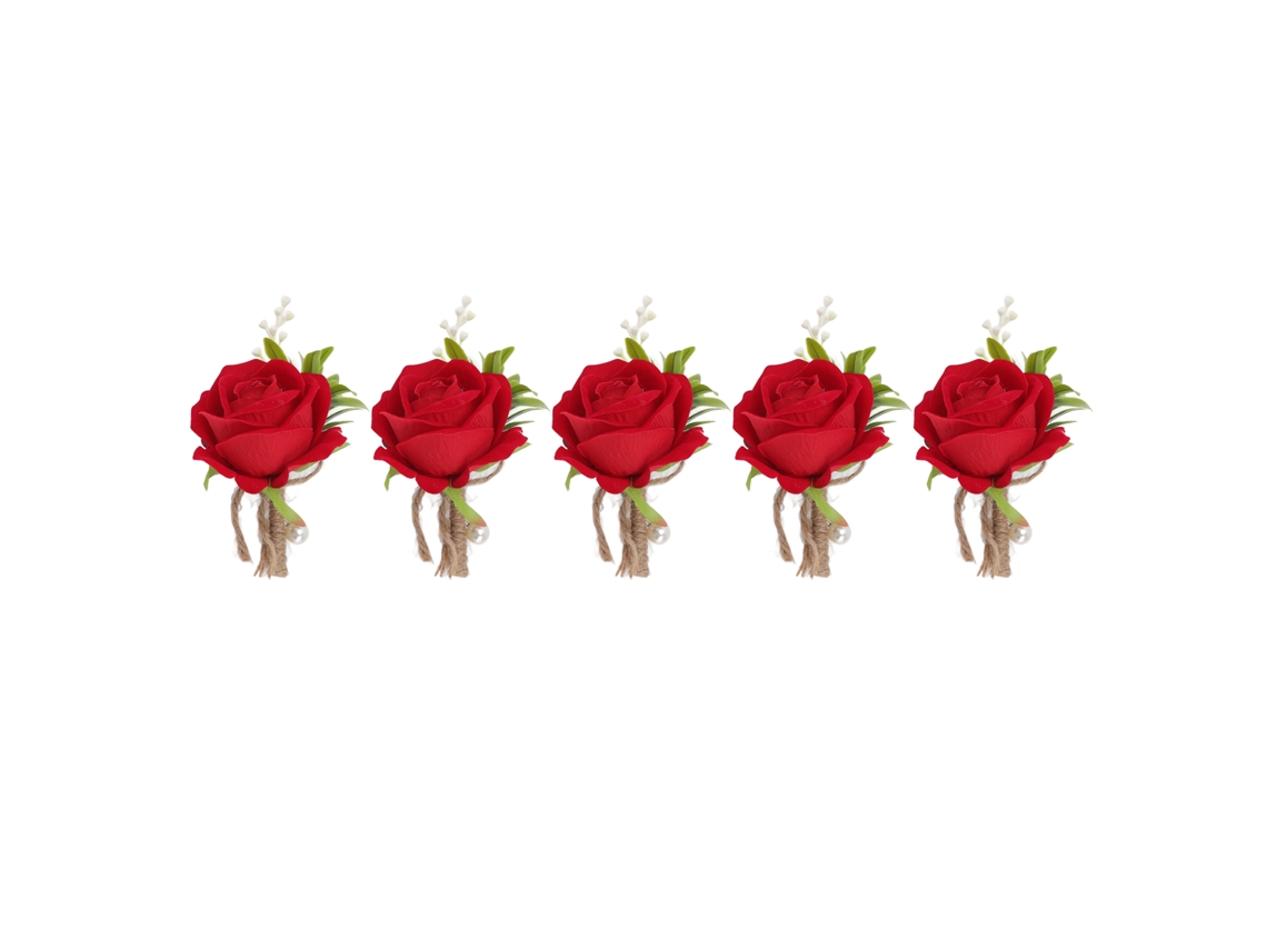 Conjunto de 5 Buquês de Rosa Artificial para Casamento, Boutonniere, Pin Fixo, Plástico, Noivo e Noiva, Vermelho com S/MARCA