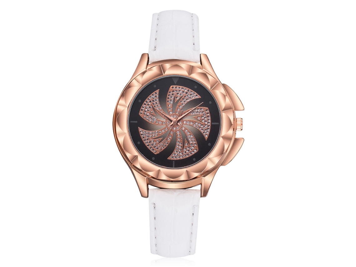 Relógio de Pulso Feminino Casual de Quartzo com Strass e Pulseira de Couro Pu Branco