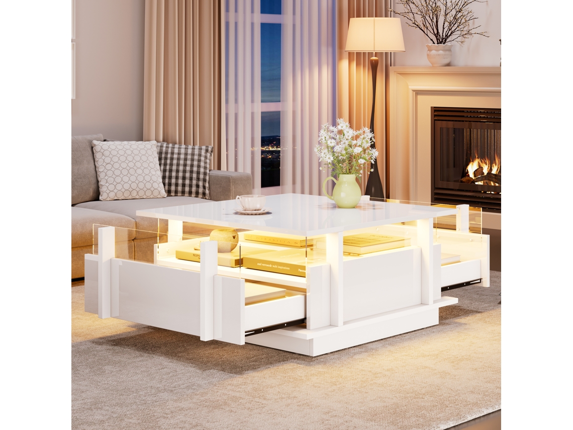 Mesa Centro Alto Brilho 70x70x35cm 2 Gavetas Led Acrílico Branca