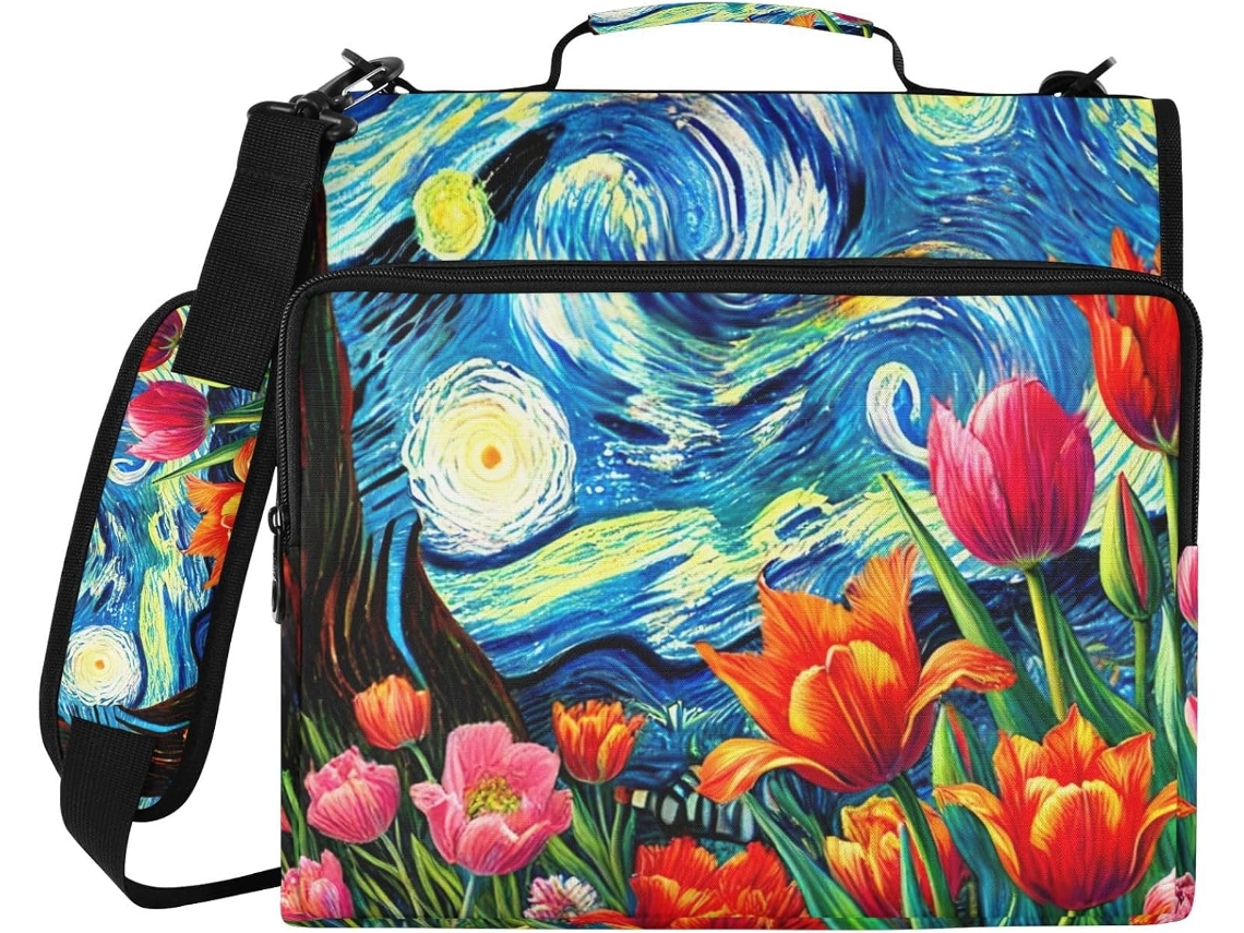 Bolsa Organizadora Com Fecho De 3-argolas E Compartimento Laptop, Estampa De Tulipas, Em Poliéster Resistente À