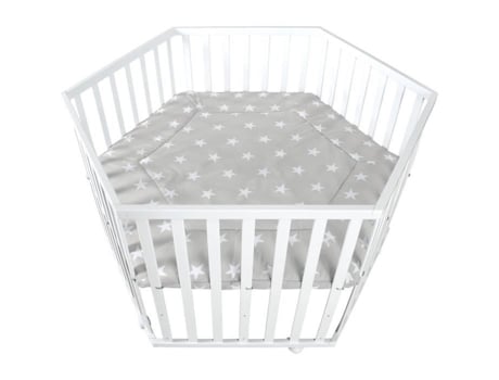 Parque Infantil Hexagonal Roba Estrelas Pequenas Altura Ajustável Capa Acolchoada Rodas Com Freio Madeira Laqueada Branca Padrão Estrela