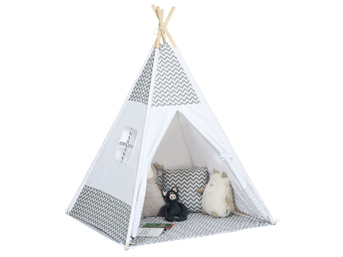 Tenda Teepee Infantil Gráfica 1,2×1,2×1,55 M, Porta, Janela, Tapete e Bolsa Incluídos, Cor Cinzento branco, Uso Interno e Externo
