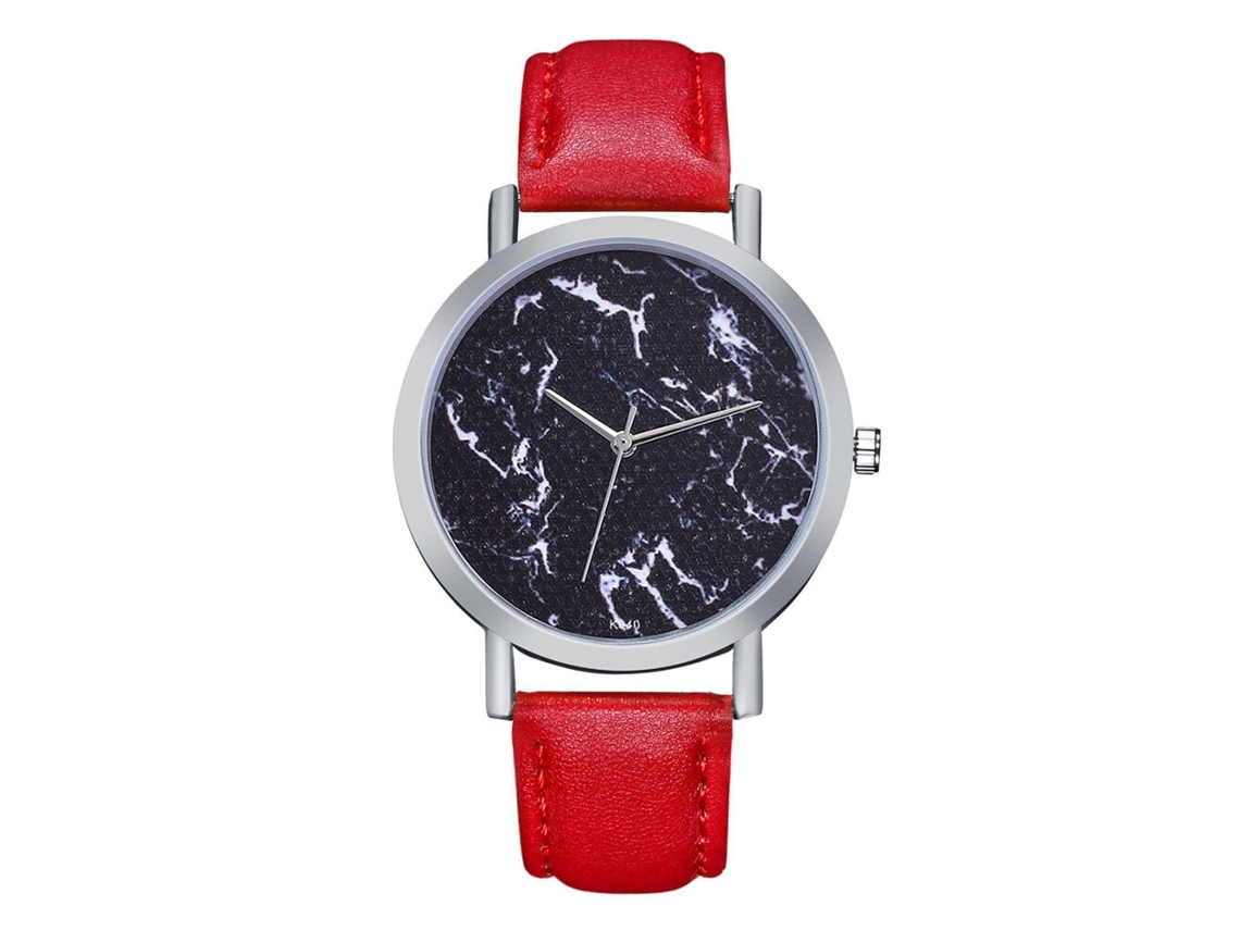 Relógio de casal com mecanismo de quartzo, pulseira de couro sintético, caixa prateada e mostrador vermelho personalizado.