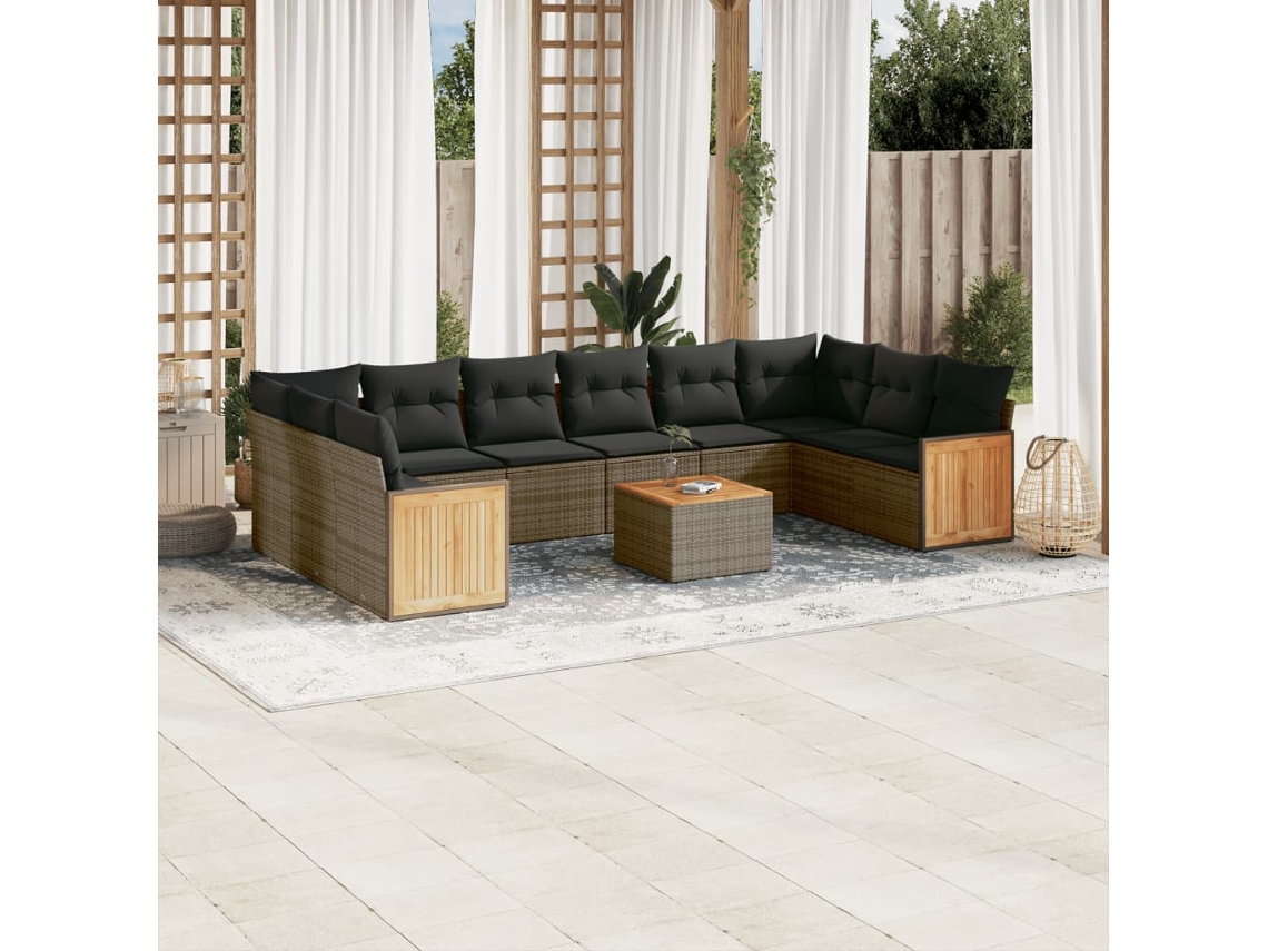 Vidaxl 11 Pcs Conjunto Sofás De Jardim C/ Almofadões Vime Pe Cinzento