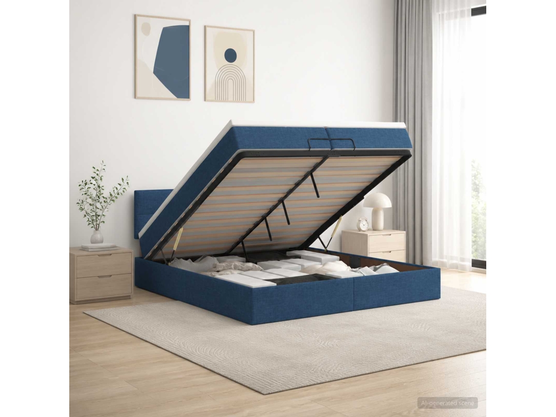 Vidaxl Cama Ottoman Com Colchão Com Cabeceira Azul 200 X 200 Cm Tecido