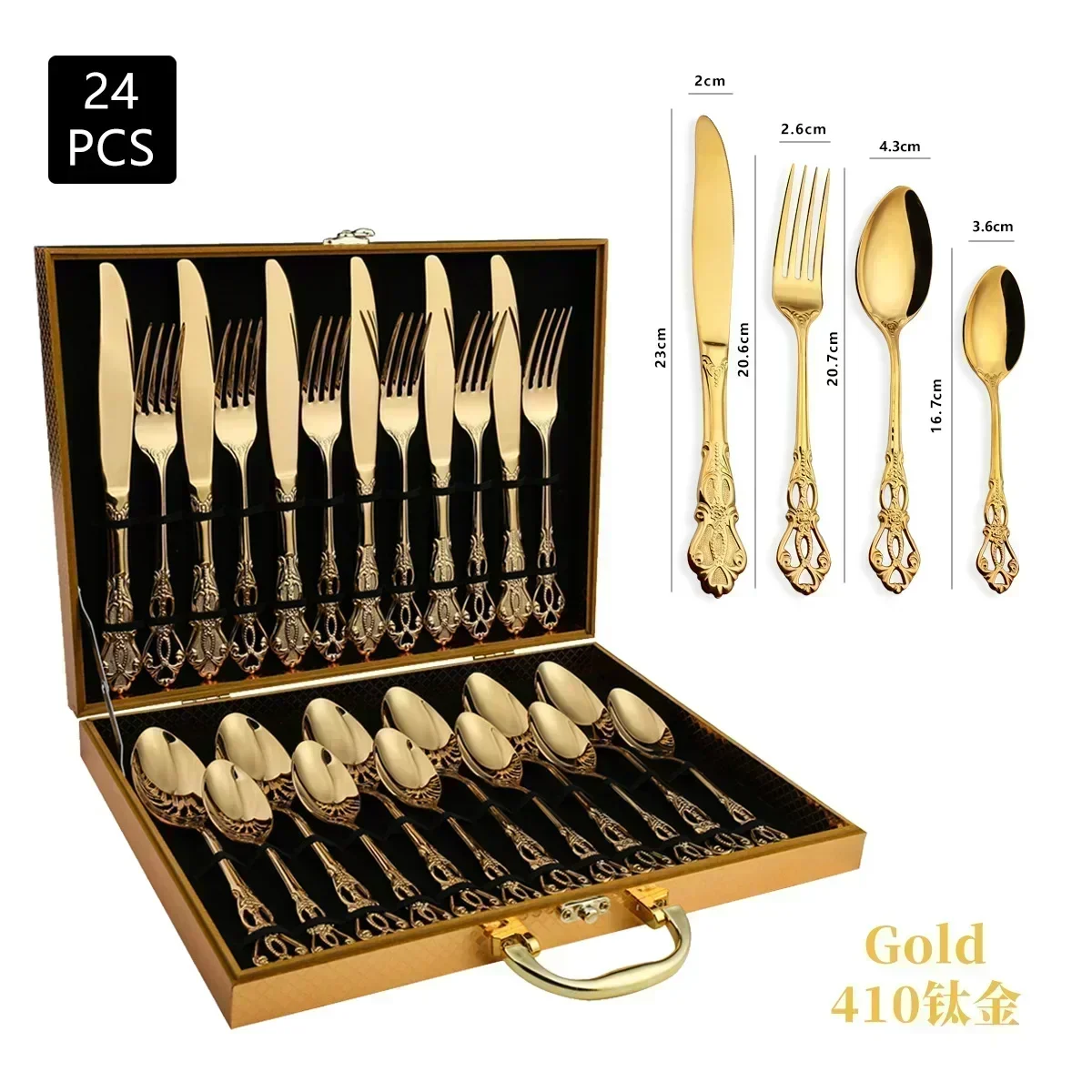 Conjunto de Talheres de Aço Inoxidável com Colher e Garfo Europeus Reais, Design Vintage, Lavável na Máquina de Lavar Louça MDUG (ouro, 24pcs)