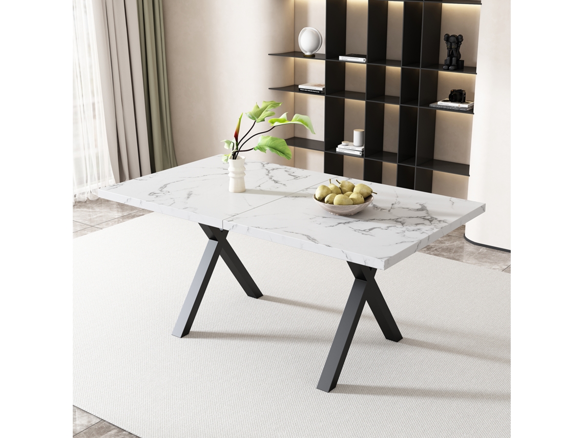 Mesa 140×80×76cm Pés Cruzados Ferro Forjado Padrão Mármore Preto E Branco Design Moderno