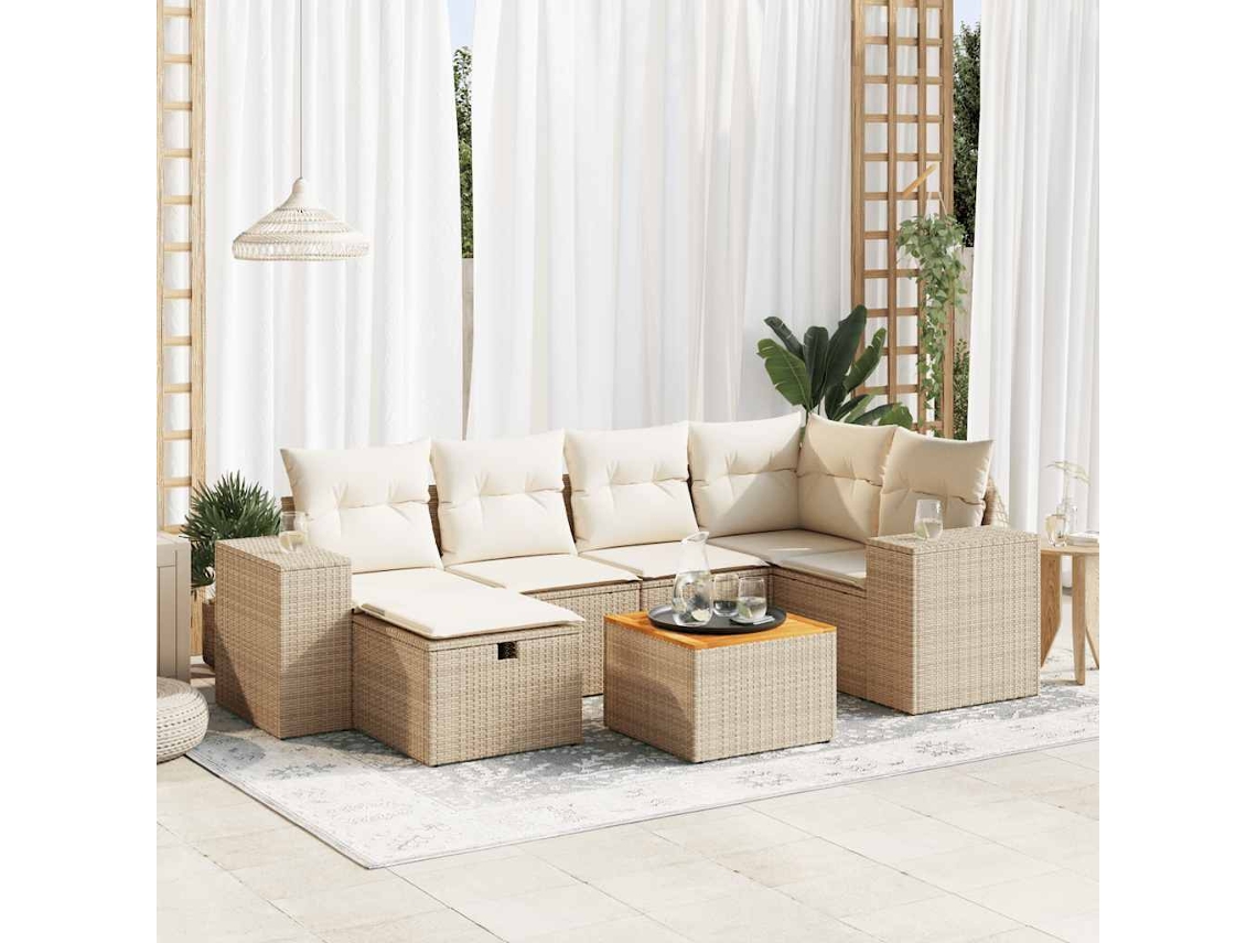 Vidaxl 7 Pcs Conjunto De Sofás P/ Jardim Com Almofadões Vime Pe Bege