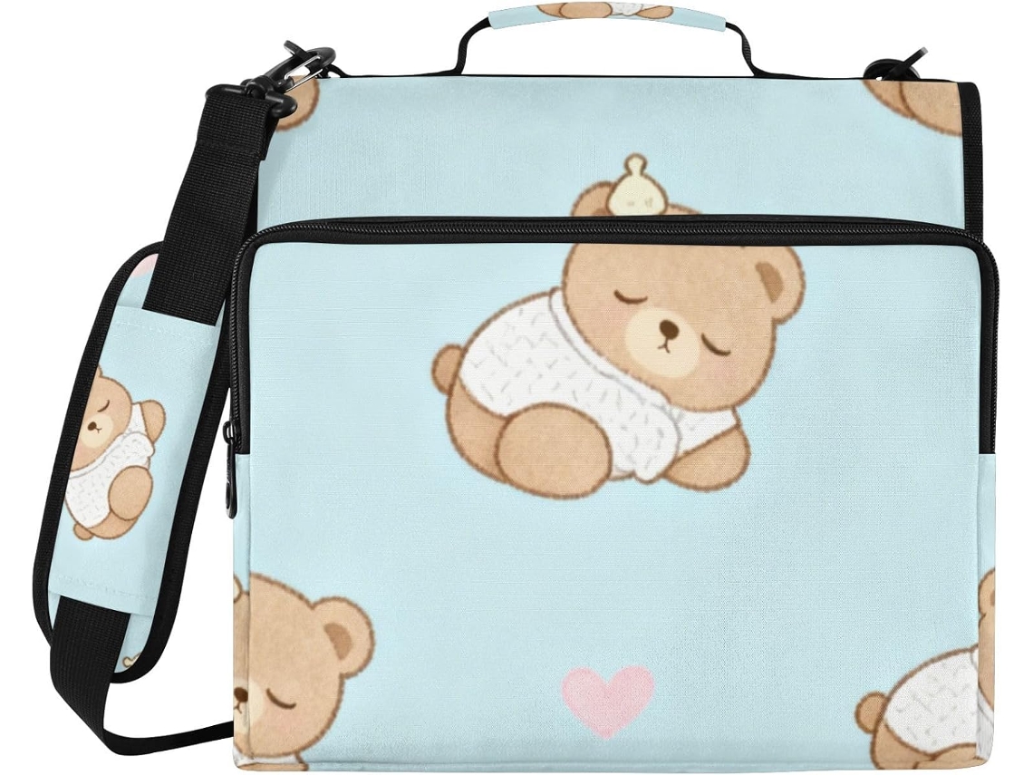 Pasta De 3 Argolas Com Estampa Urso Marrom Desenho Animado, Zíper E Alça Grande Capacidade Portátil, Ideal