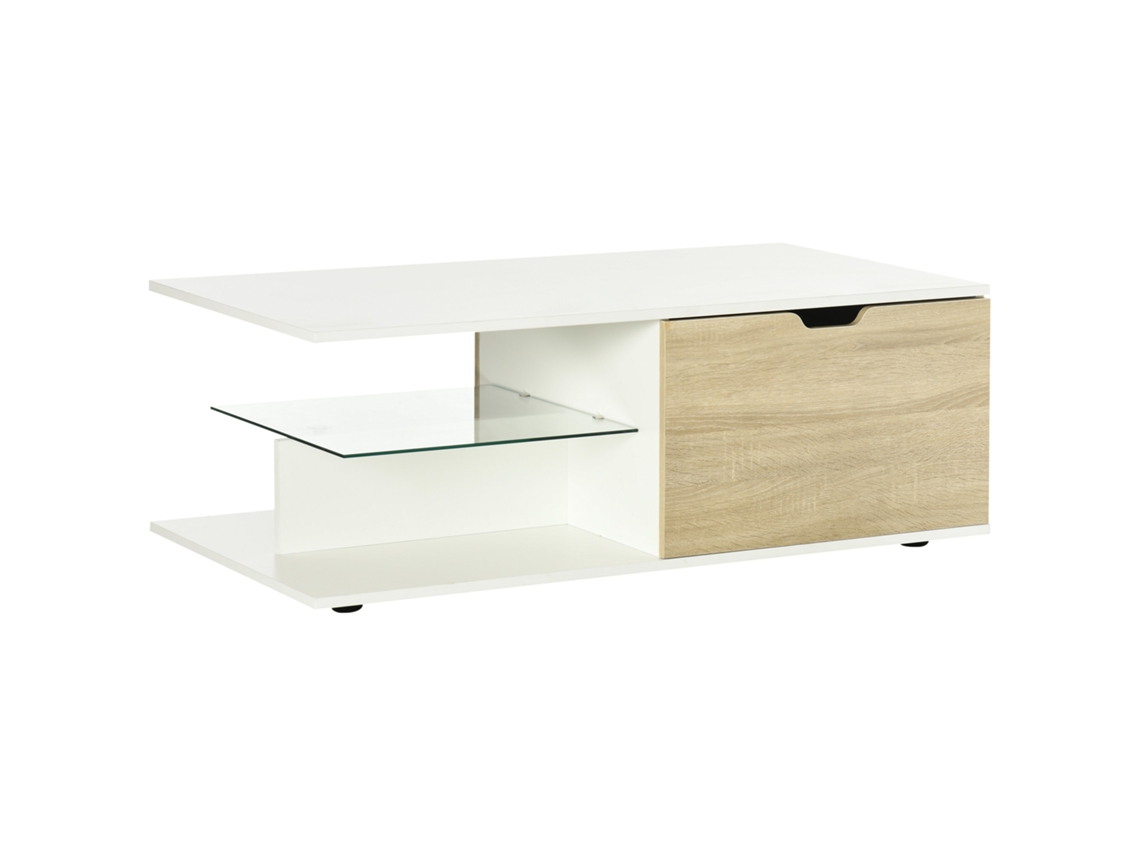 Mesa de centro retangular, 2 gavetas, 2 nichos, vidro temperado, branco, madeira clara | S/MARCA