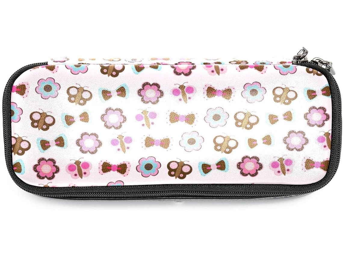 Tenho lápis rosa com estampa de flores e borboletas, com fecho, grande capacidade, ideais para escola e carteira.