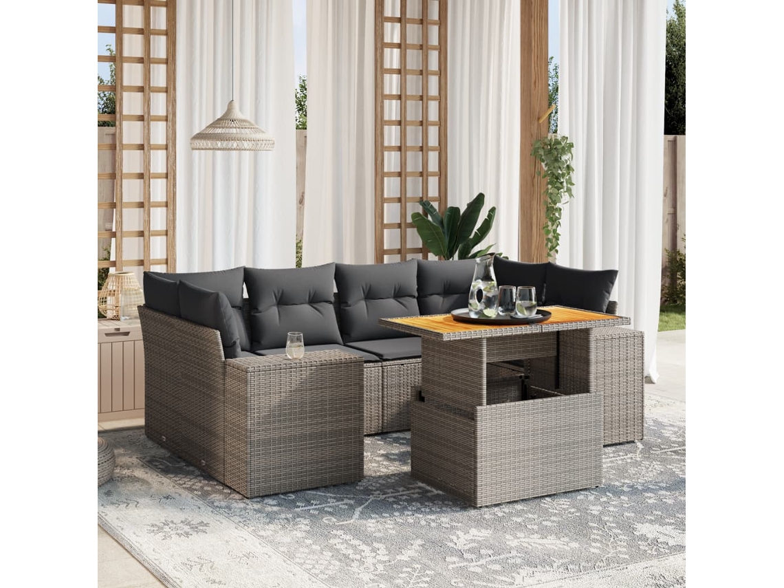 Vidaxl 7 Pcs Conjunto Sofás P/ Jardim C/ Almofadões Vime Pe Cinzento