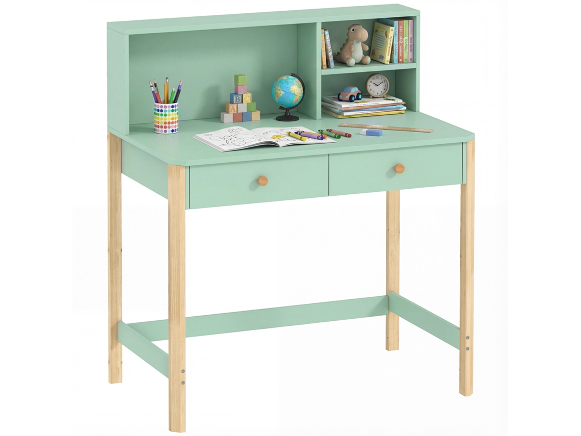 Mesa Infantil com Gavetas e Prateleira (verde, 90x52x105cm)